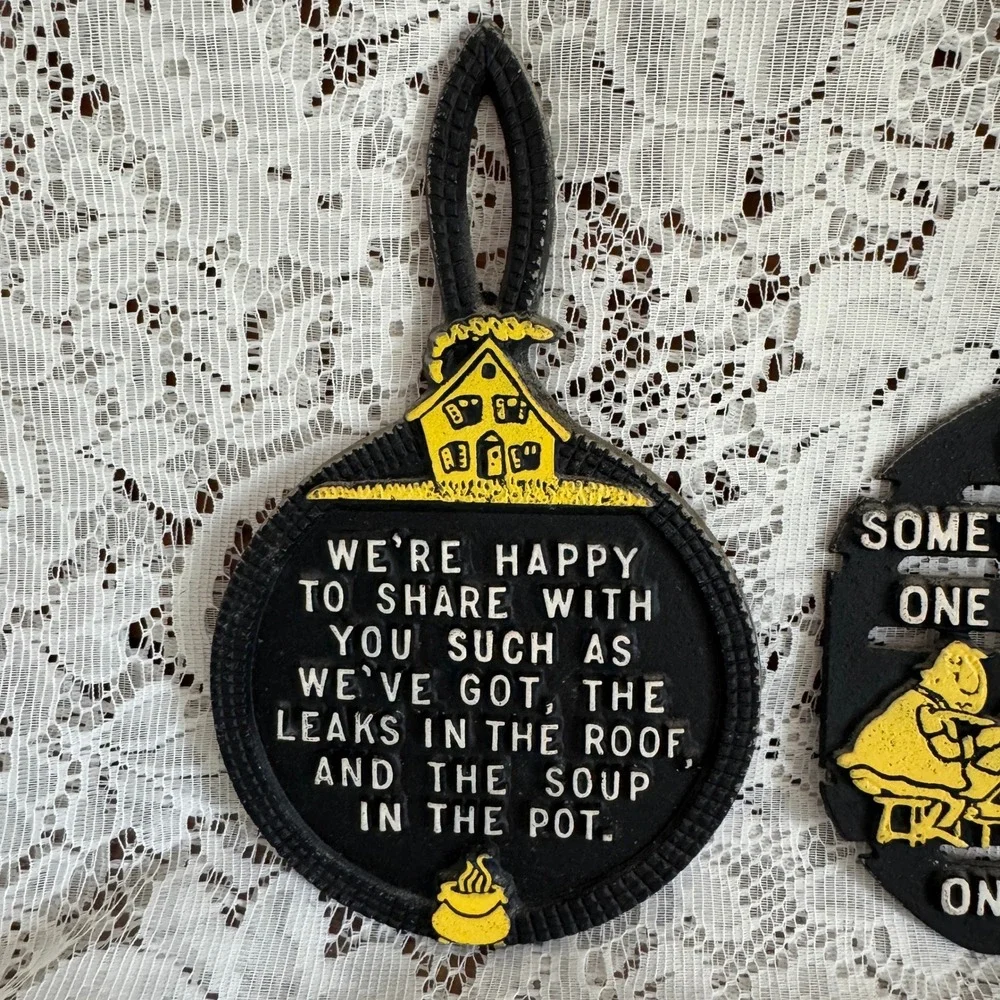 Vintage Metal Decorative Trivet Set 3 Humorous Home Quotes Black Yellow Rustic